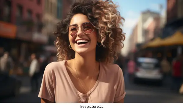 Laughing curly-haired woman in the city
