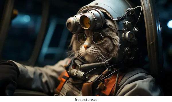 A Cat Wearing a Space Helmet and Goggles Sits in a Spaceship