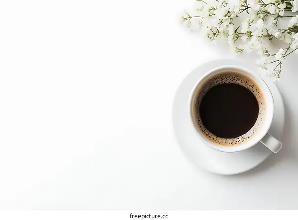 Cup of Coffee with White Flowers on White Background