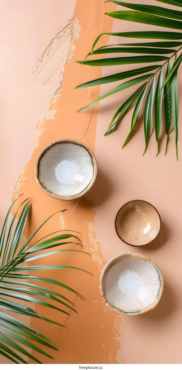 Ceramic Bowls with Palm Leaves on Beige Background