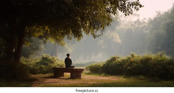 A Person Sitting Alone on a Stone Bench in a Lush Forest