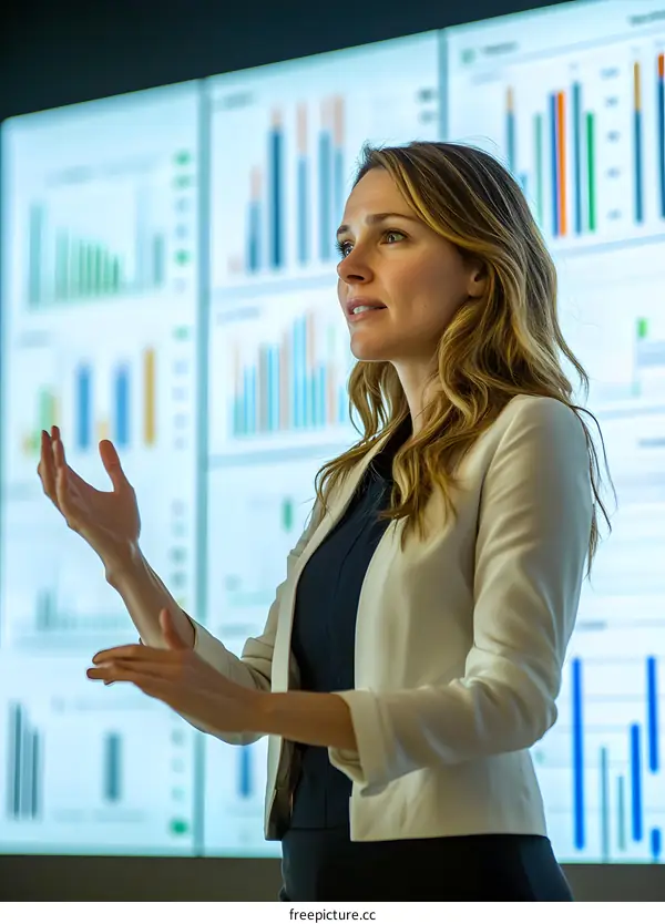 Business Woman Giving Presentation with Charts on Screen