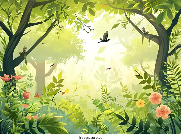 Beautiful Illustration of a Lush Green Forest with Birds