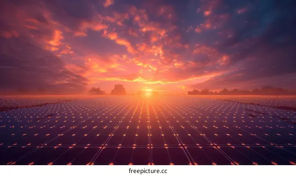 Field of solar panels at sunset