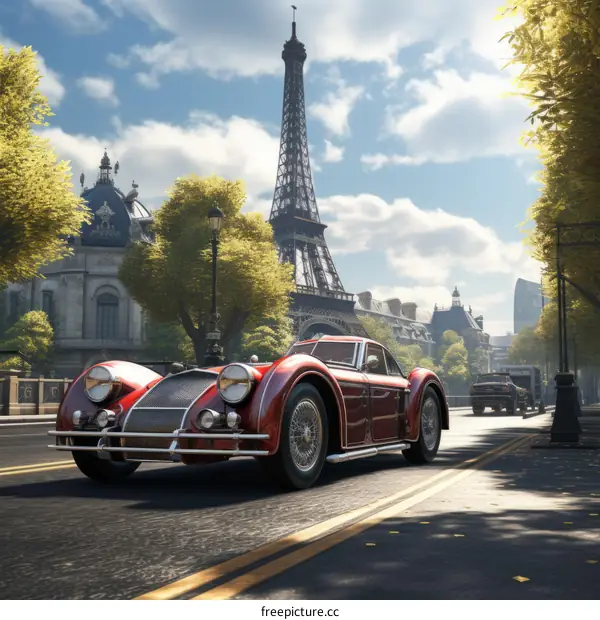 Red Retro Car in Paris with Eiffel Tower