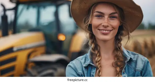 portrait of a smiling female farmer standing in front of a tractor