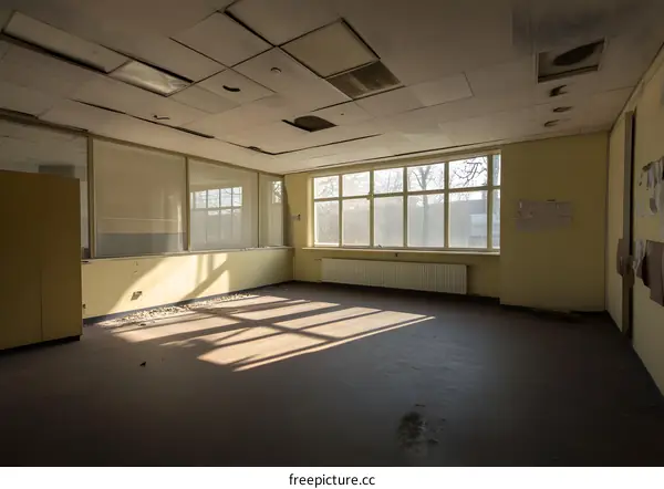 Empty Room with Damaged Ceiling and Sunlight Streaming Through Windows