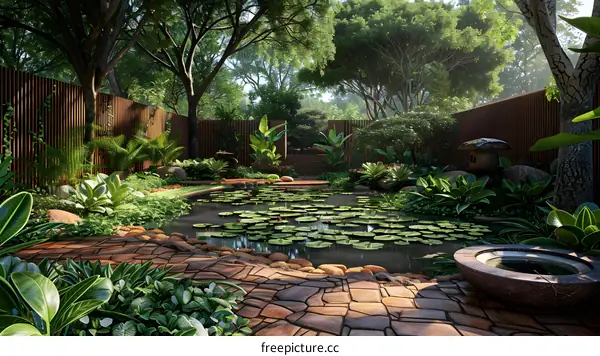 A beautiful garden with a pond, surrounded by trees and plants.