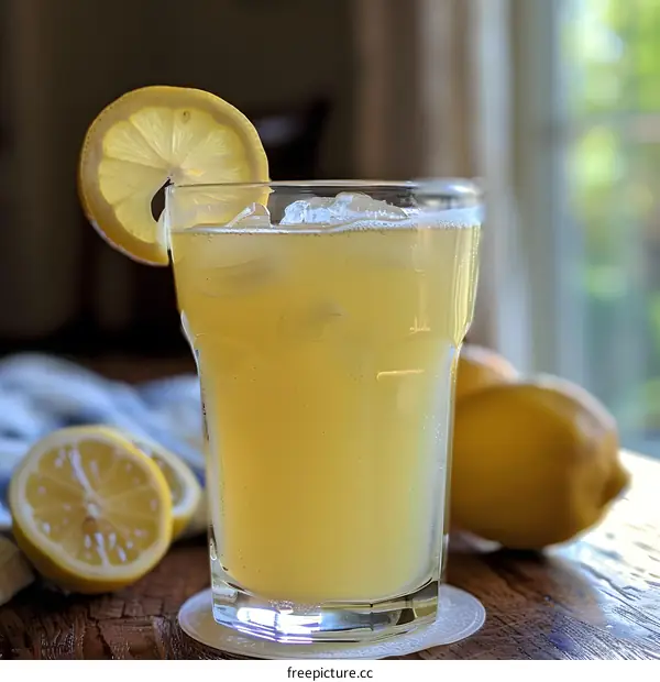 Glass of Lemonade with Lemon Slice and Ice on a Wooden Table