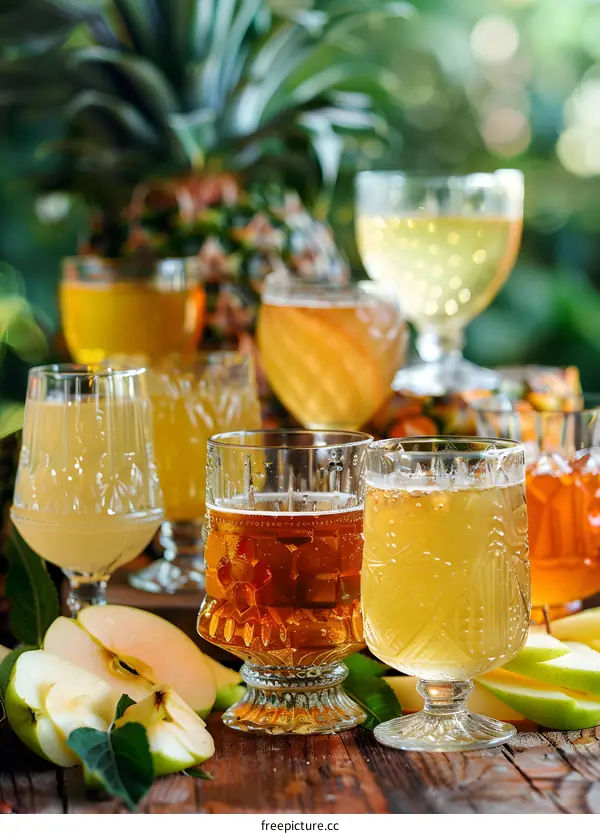 Fresh Apple Cider in Glasses with Pineapple and Apples