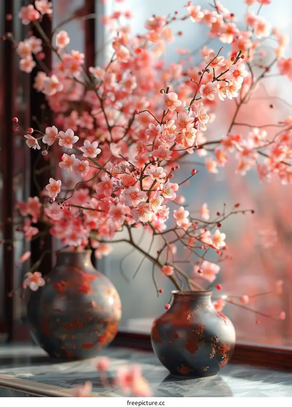 Delicate Pink Blossoms in Vintage Vases by the Window