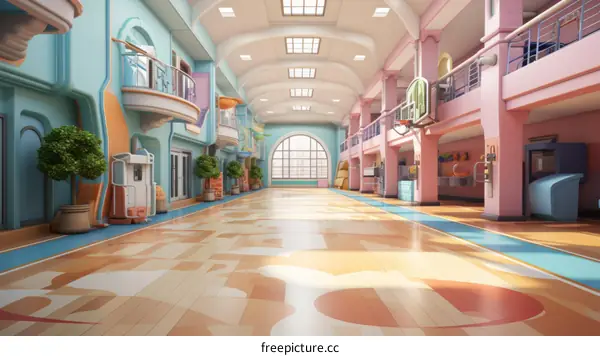 School Hallway with Basketball Hoop