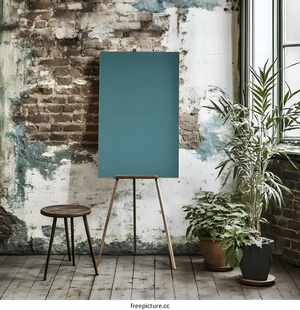 Blank Teal Canvas on Easel Against Weathered Brick Wall