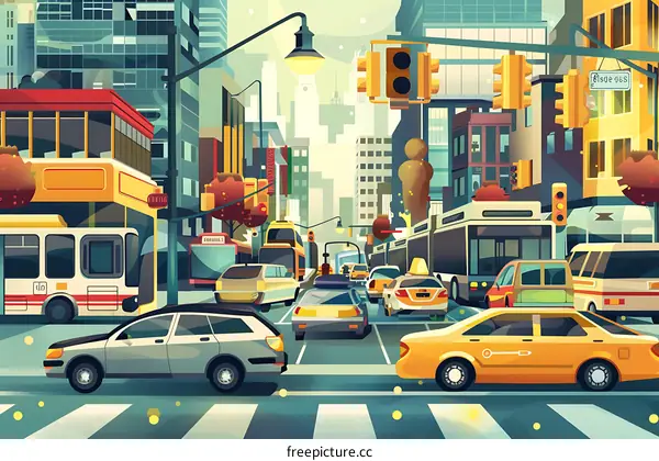 Urban Cityscape Illustration with Cars, Buildings, and Traffic Lights
