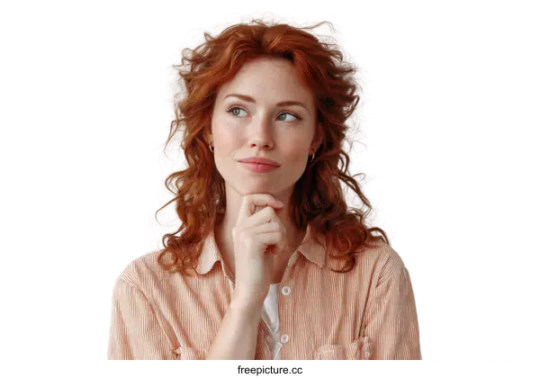 [Transparent Background PNG]Thoughtful red-haired woman with curly hair looking up and thinking