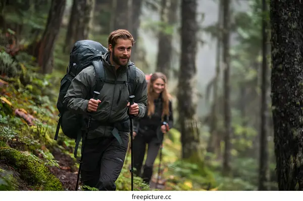 Couple Hiking in Foggy Forest
