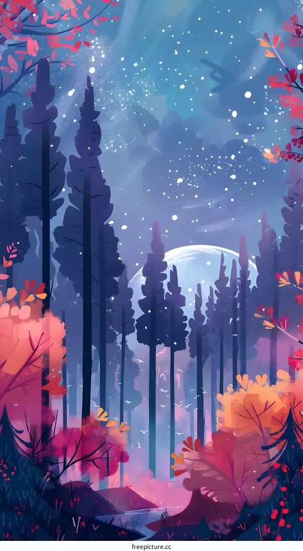 Forest Illustration with Blue Sky and Moon