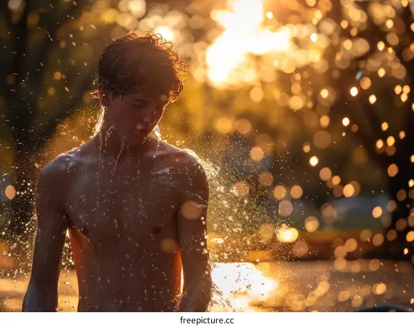 shirtless young male with wet hair standing in a fountain