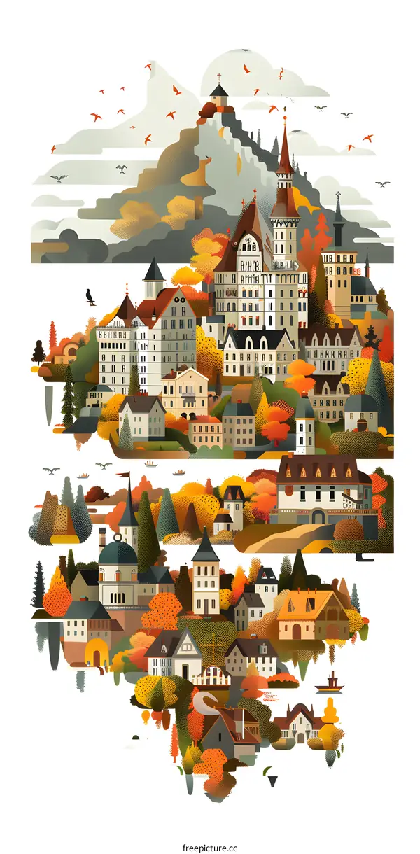 Autumnal European Village Illustration
