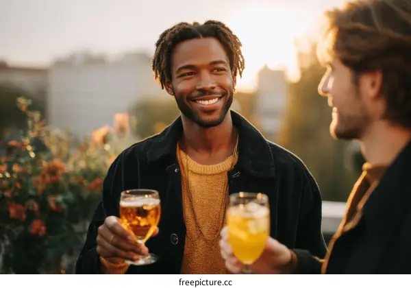 Two Diverse Men Enjoying Drinks Rooftop