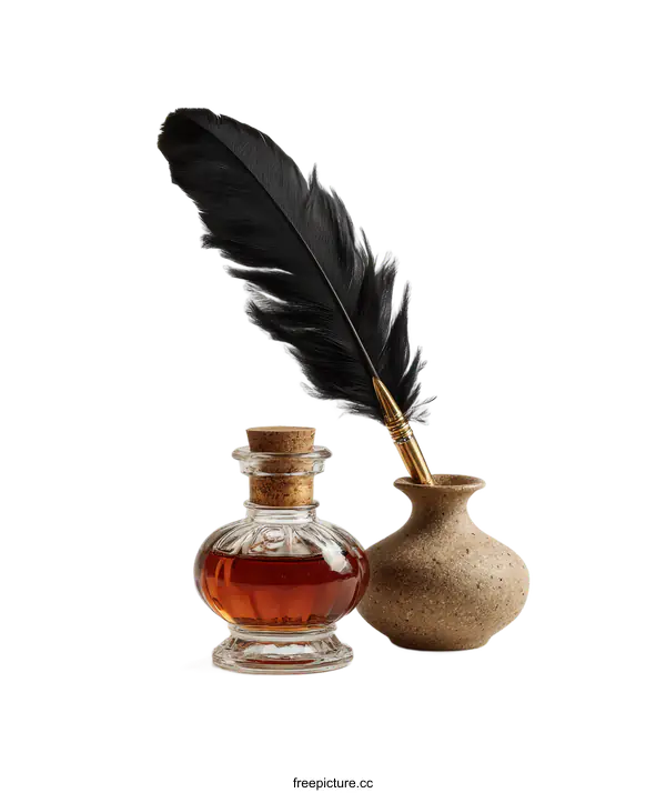 [Transparent Background PNG]Antique Writing Quill and Inkwell