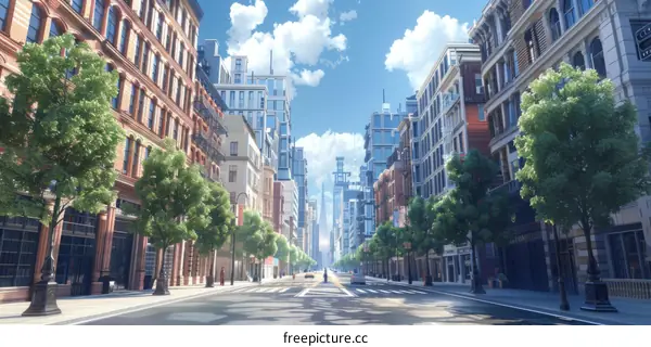 Sunny City Street with High-Rise Buildings