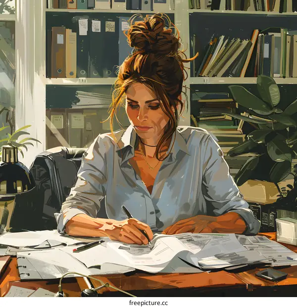 A woman is sitting at a desk in an office, writing on a document.