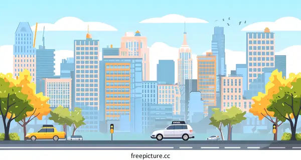 Cityscape with Tall Buildings and Cars