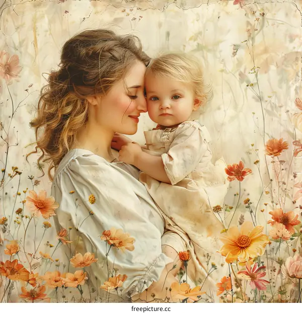 Mother and child in a field of flowers