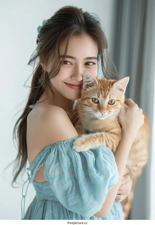 A young woman in a blue dress is holding an orange cat