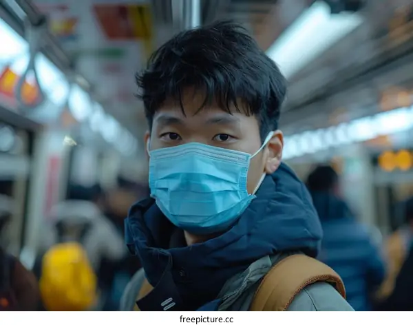 Portrait of a young man wearing a surgical mask on a crowded subway train