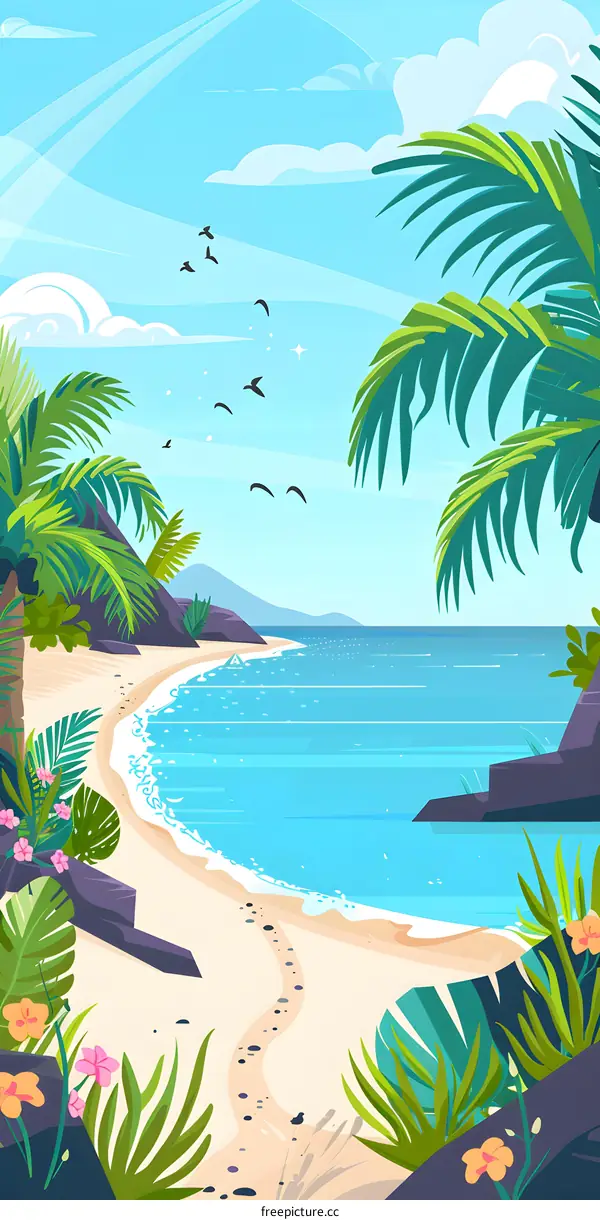 Tropical Beach with Palm Trees and Blue Sky