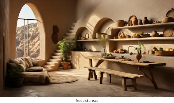 Earthen Home Interior with Large Windows and Stone Floor