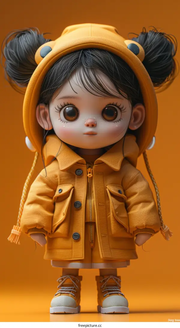 cute 3d illustration of a girl in a yellow raincoat