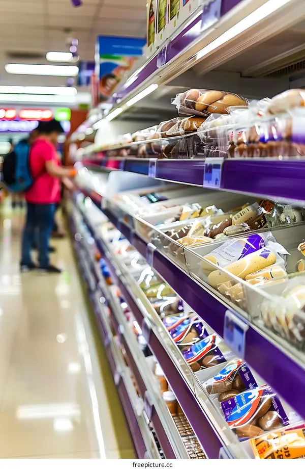 Supermarket aisle with packaged food items