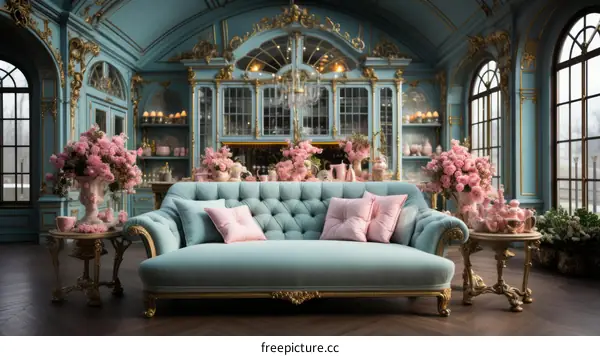 ornate blue and pink rococo style furnished room