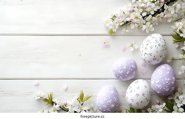Spring Easter Eggs on White Wooden Background