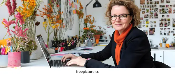 Woman Working on Laptop in Creative Workspace with Flowers and Art Supplies