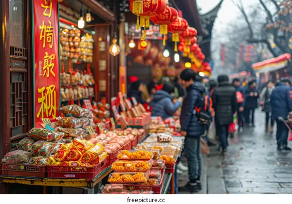 A bustling Chinese street market with people shopping for food and other goods