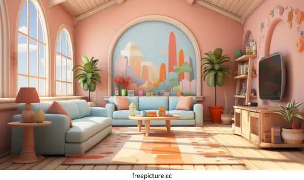 Cozy Living Room with Sofa, Coffee Table, TV & Plants