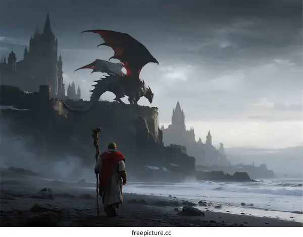 A lone figure facing a massive black dragon near a medieval castle by the sea