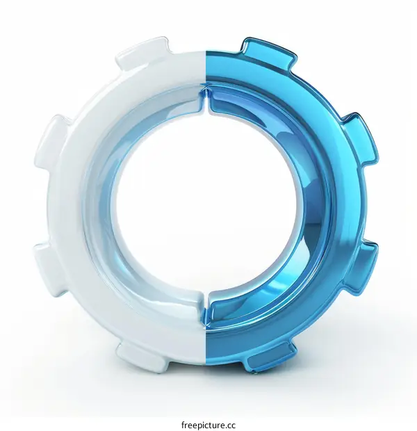 3D illustration of two interlocked gears. One gear is blue and the other is white.