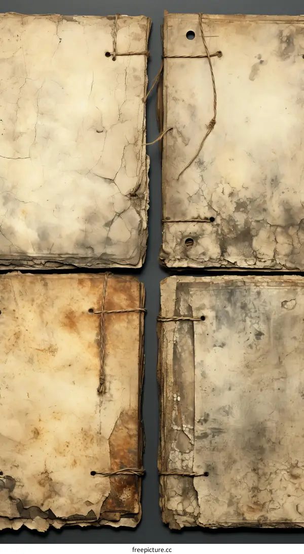 Four Damaged Book Pages Bound with Rope