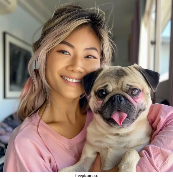 A young Asian woman with blonde hair and a pug dog