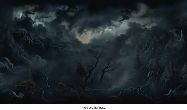 Black and white digital painting of a dark and stormy night