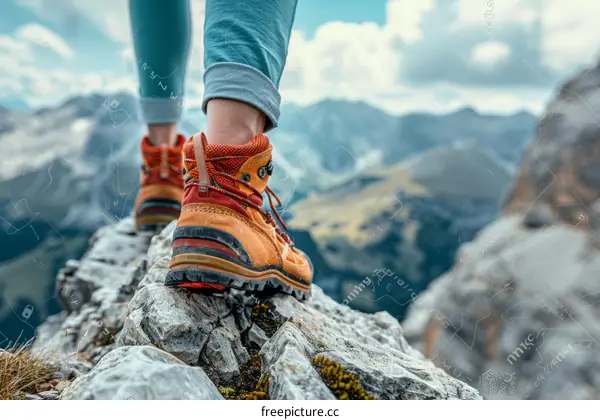 alone hiker on the rock with high mountain landscape view