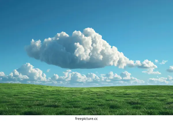 Fluffy White Cloud Over Green Grassy Field