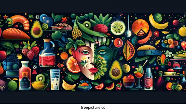 A colorful illustration of fruits and vegetables with a human face in the center.