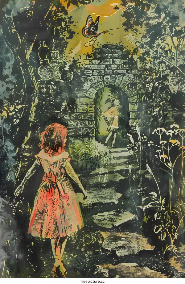 Illustration of a girl in a red dress walking towards a stone archway with a butterfly flying overhead