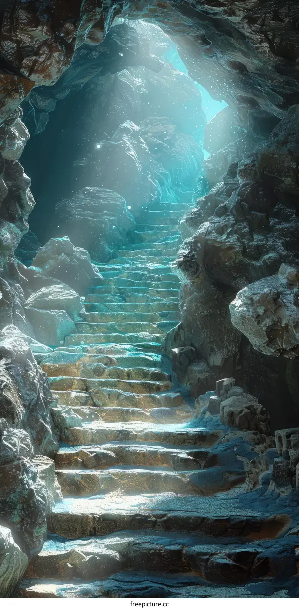 Mystical Stone Staircase in a Dark Cave